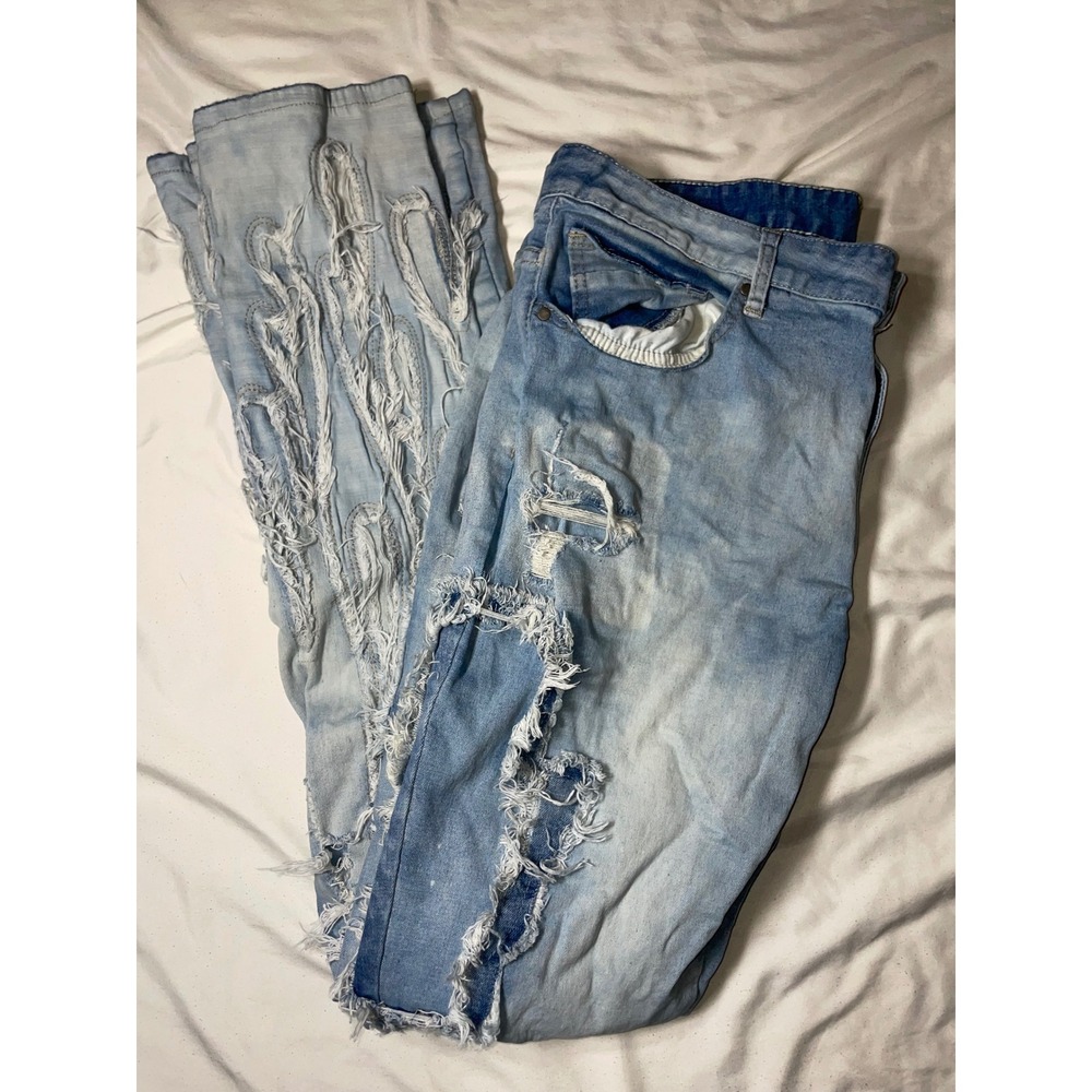 Smoke Rise Mens Distressed Light Wash Blue Denim Jeans Heavy Ripped Streetwear